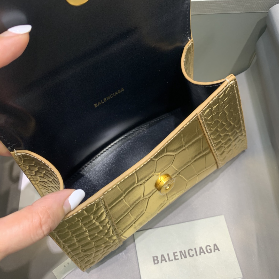 Balenciaga Hourglass XS Handbag Crocodile Embossed Shoulder Bag Gold